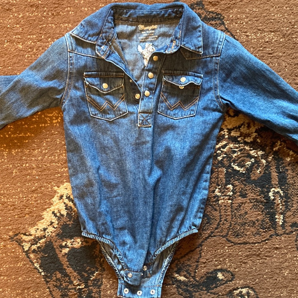 Wrangler pearl snap long sleeve jean onesie. 24 months